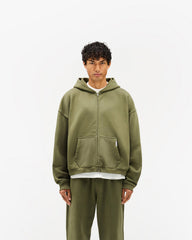 Initial Boxy Zip Through Hoodie - Army Green