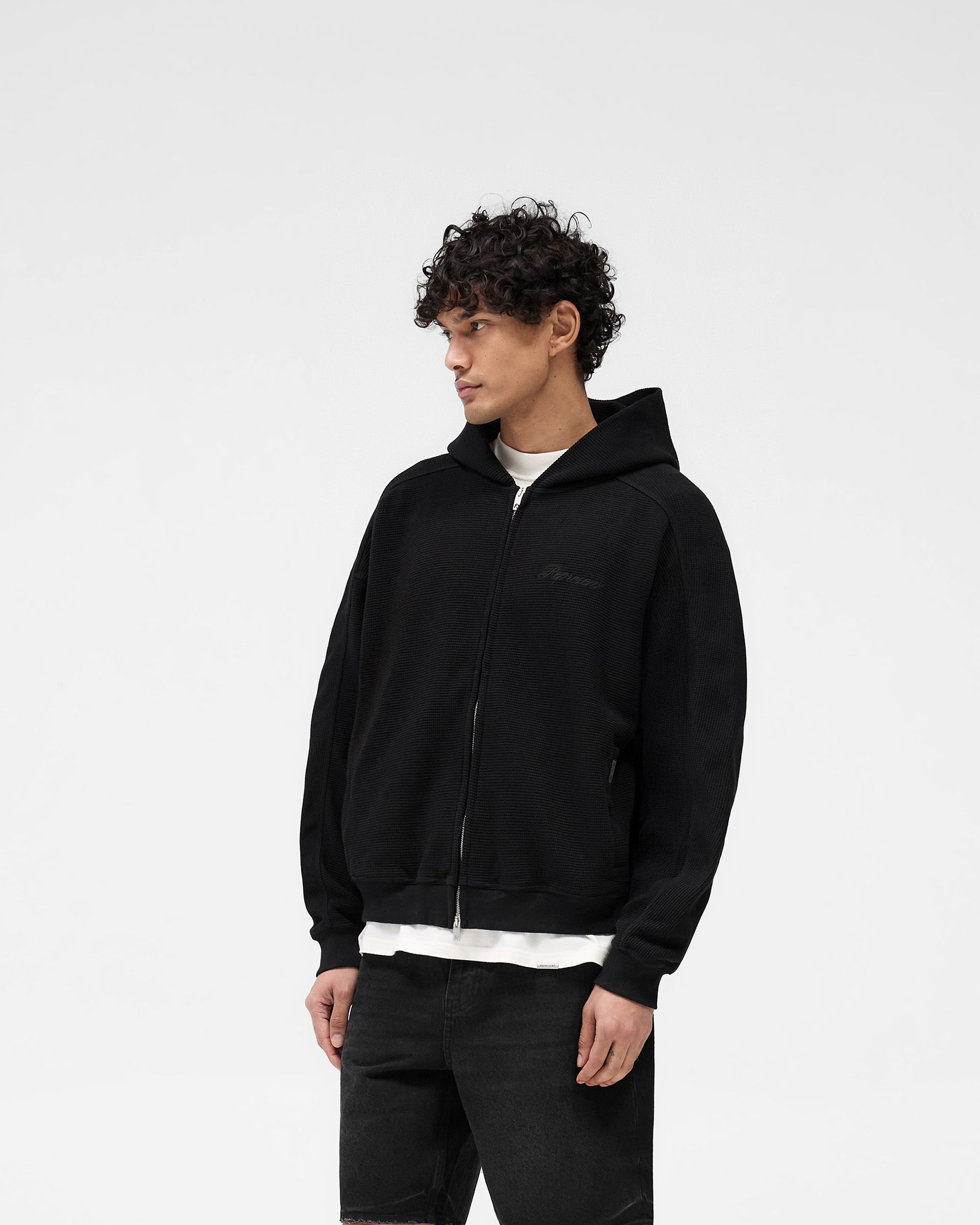 Waffle Zip Through Hoodie - Jet Black