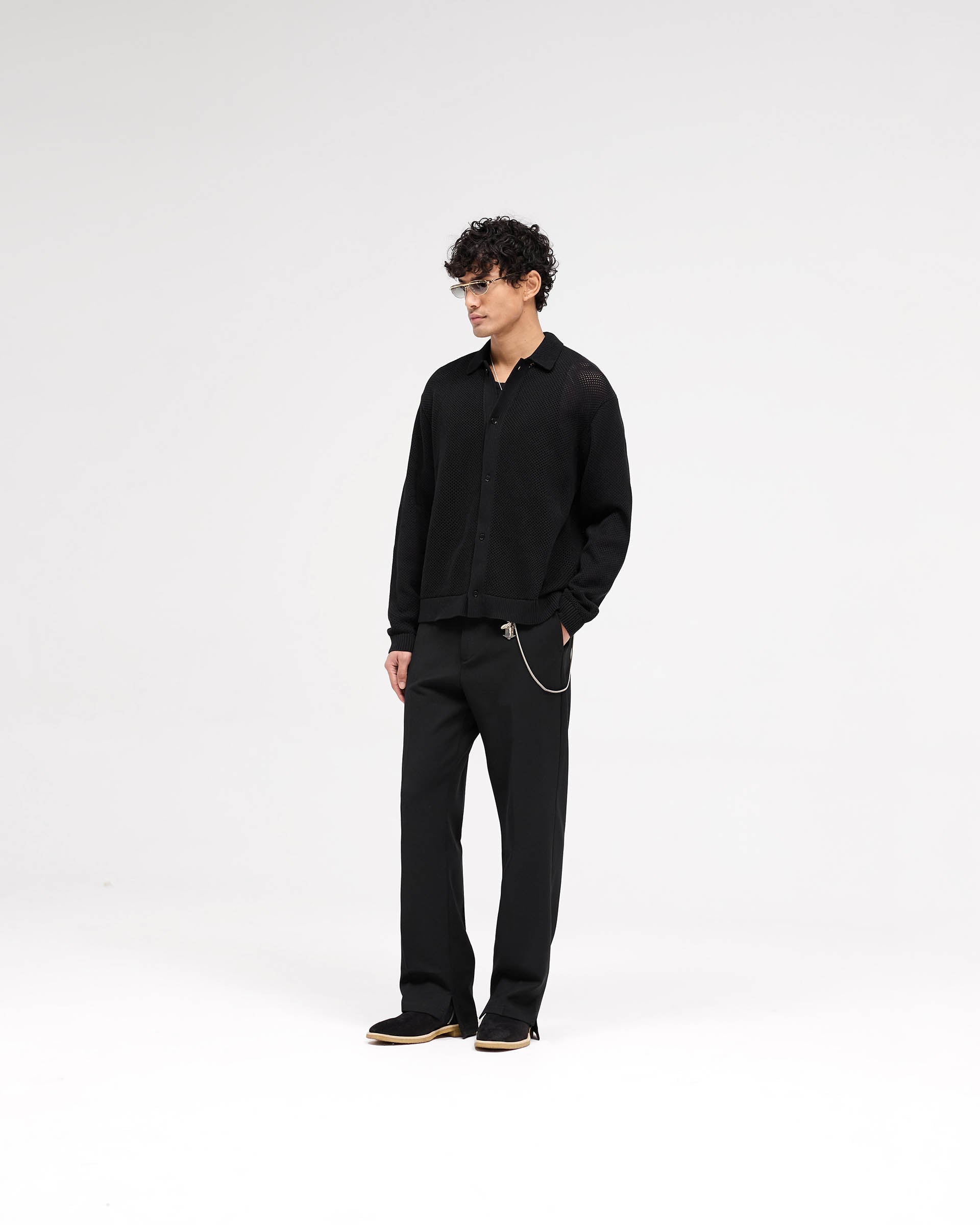 Long Sleeve Mesh Knit Shirt - Jet Black