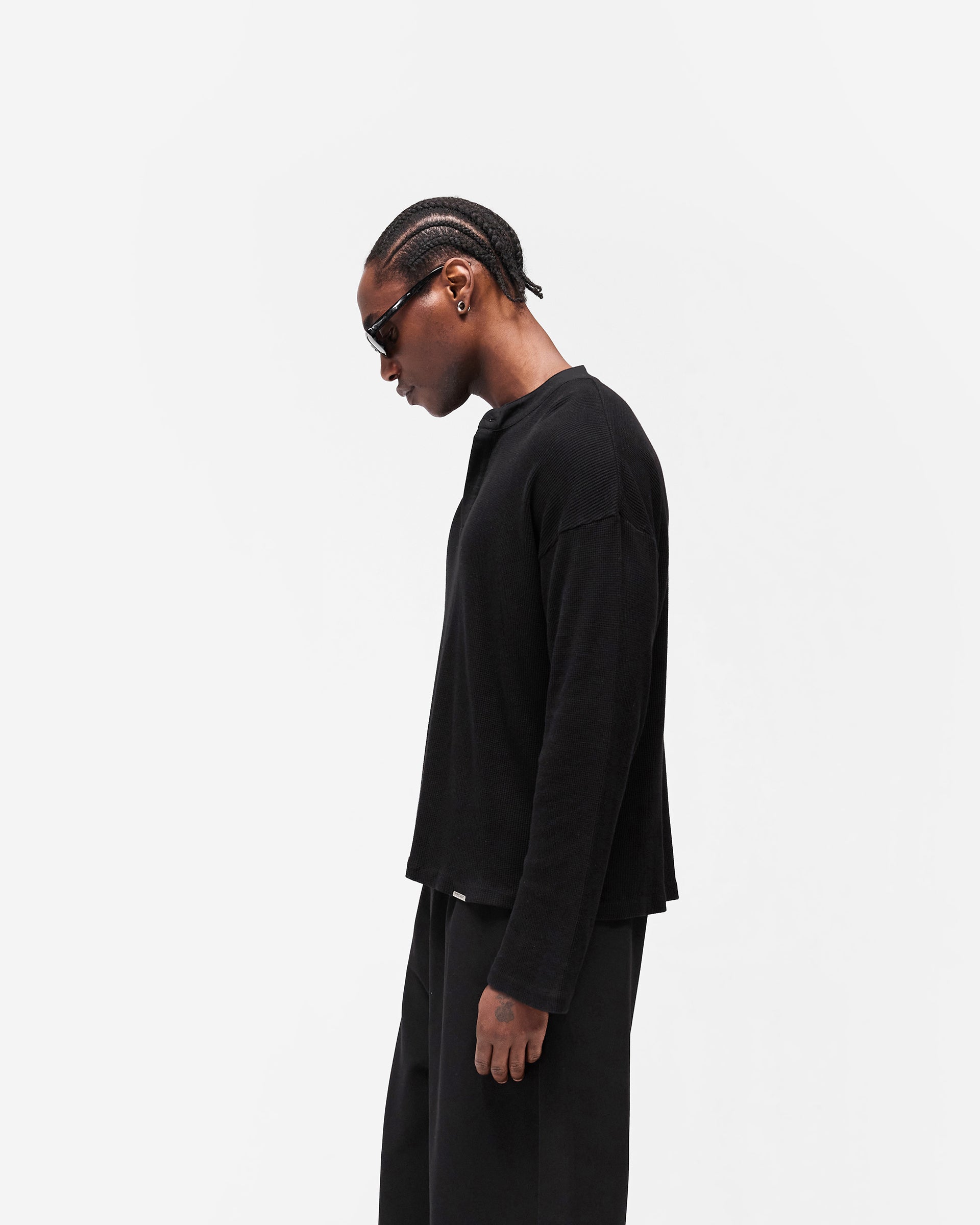 Initial Henley Waffle Long Sleeve T-Shirt - Jet Black