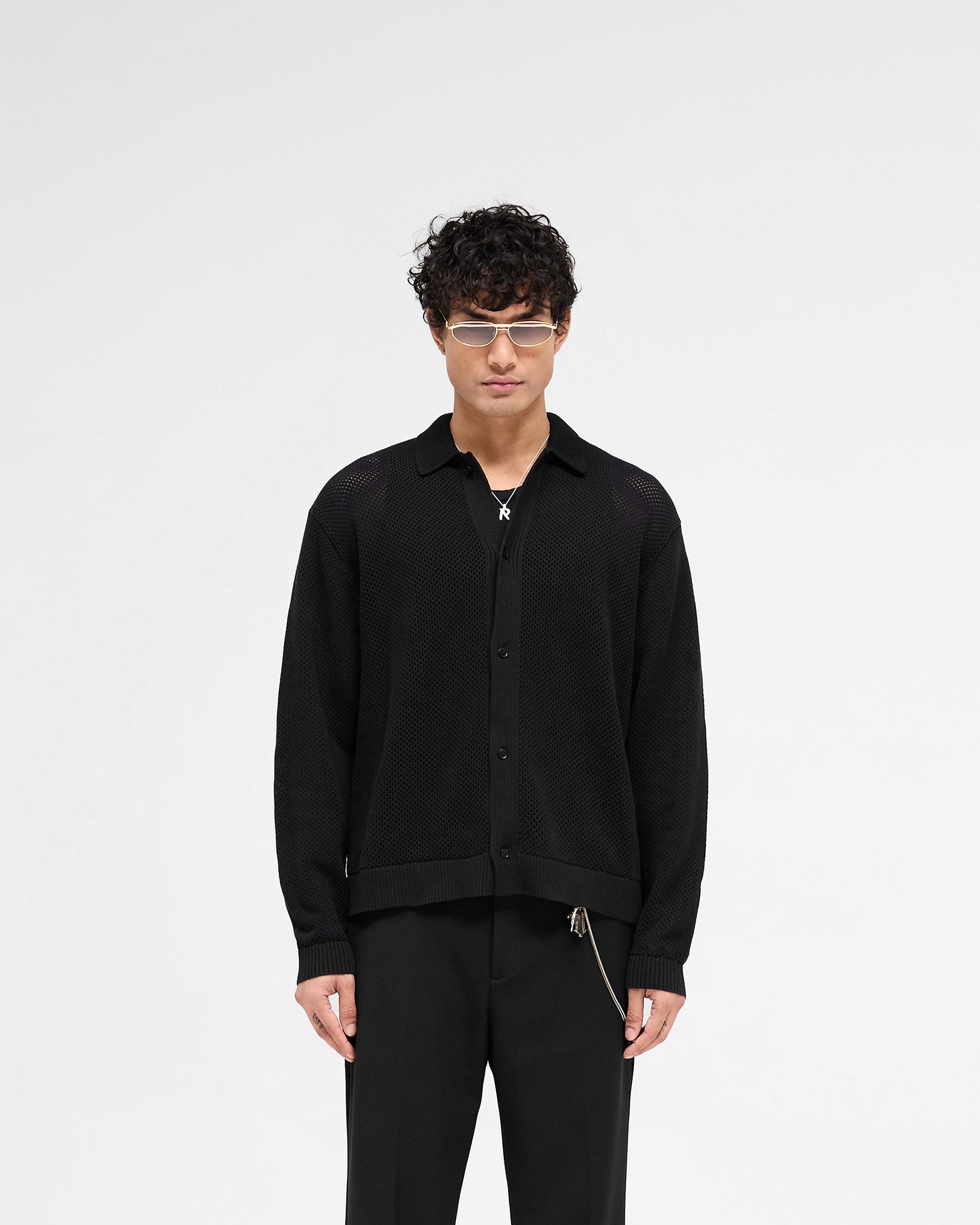 Long Sleeve Mesh Knit Shirt - Jet Black