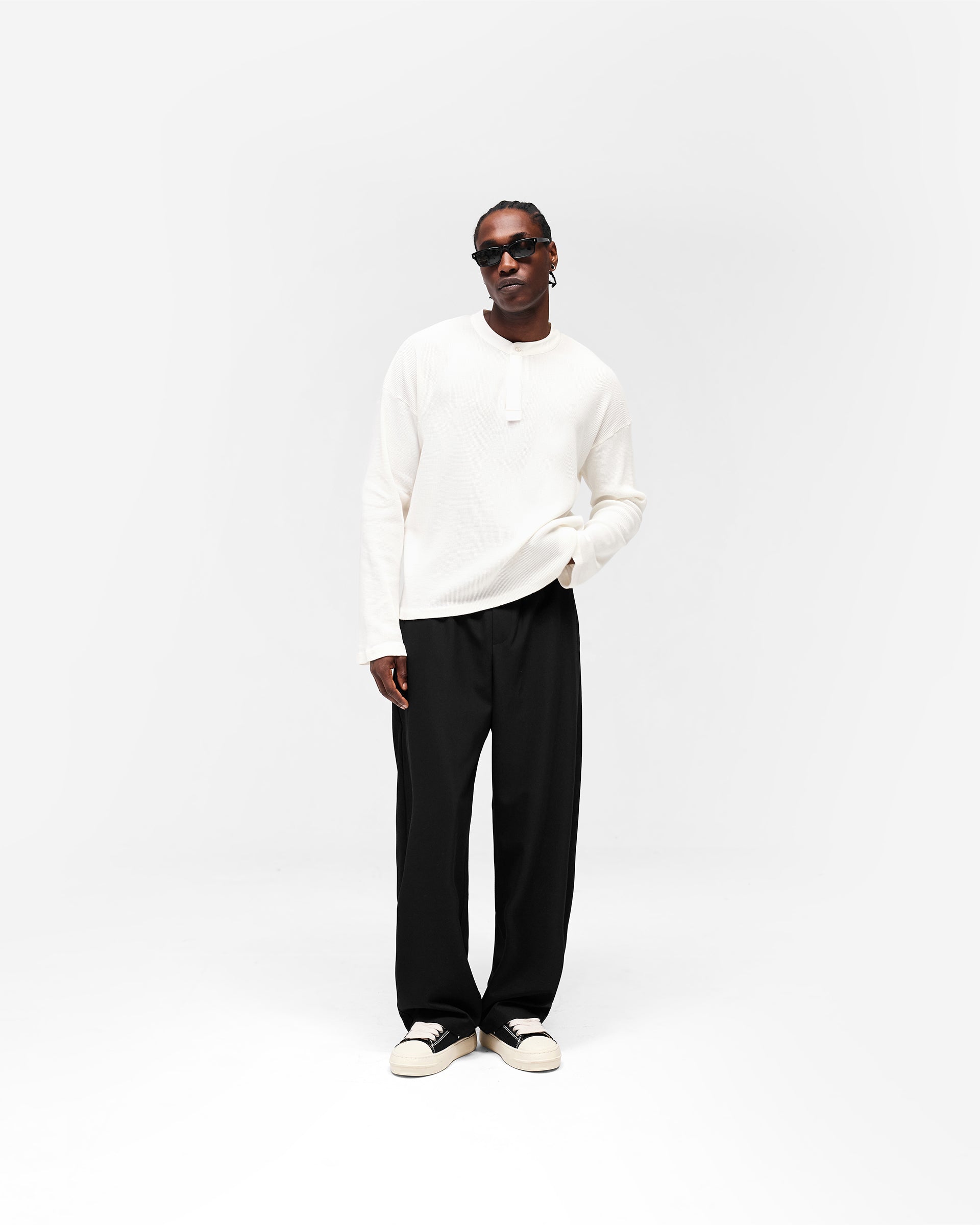 Initial Henley Waffle Long Sleeve T-Shirt - Flat White