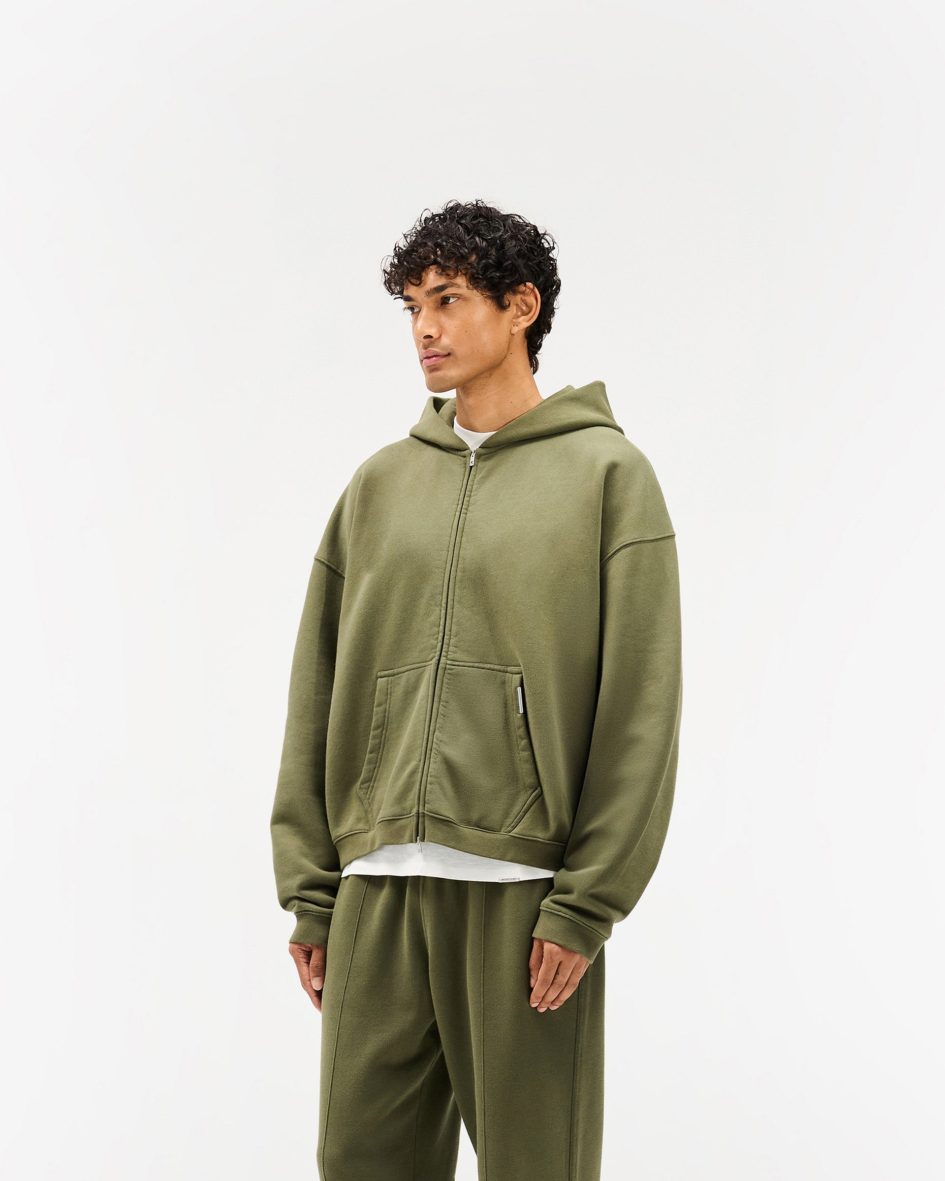 Initial Boxy Zip Through Hoodie - Army Green