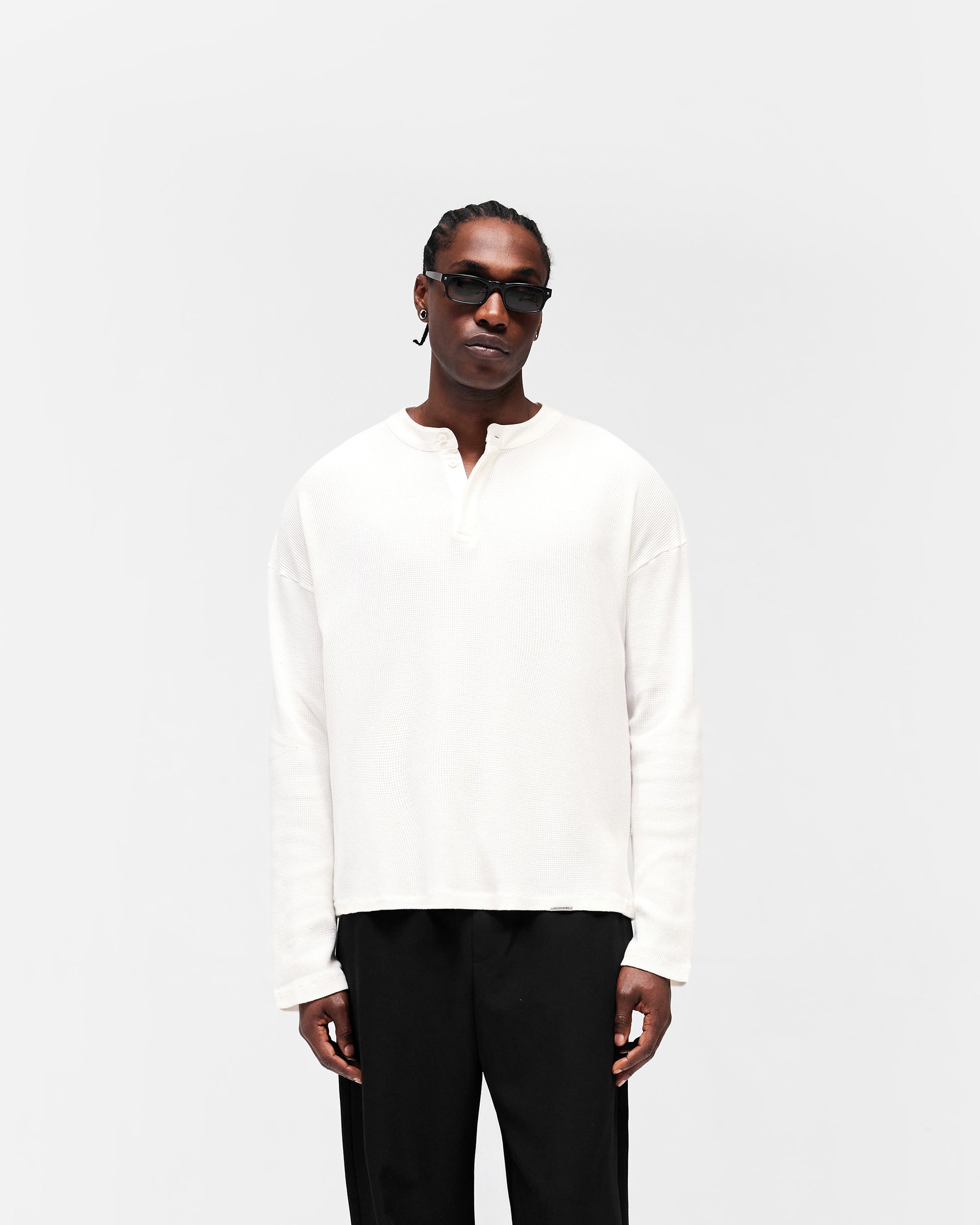Initial Henley Waffle Long Sleeve T-Shirt - Flat White