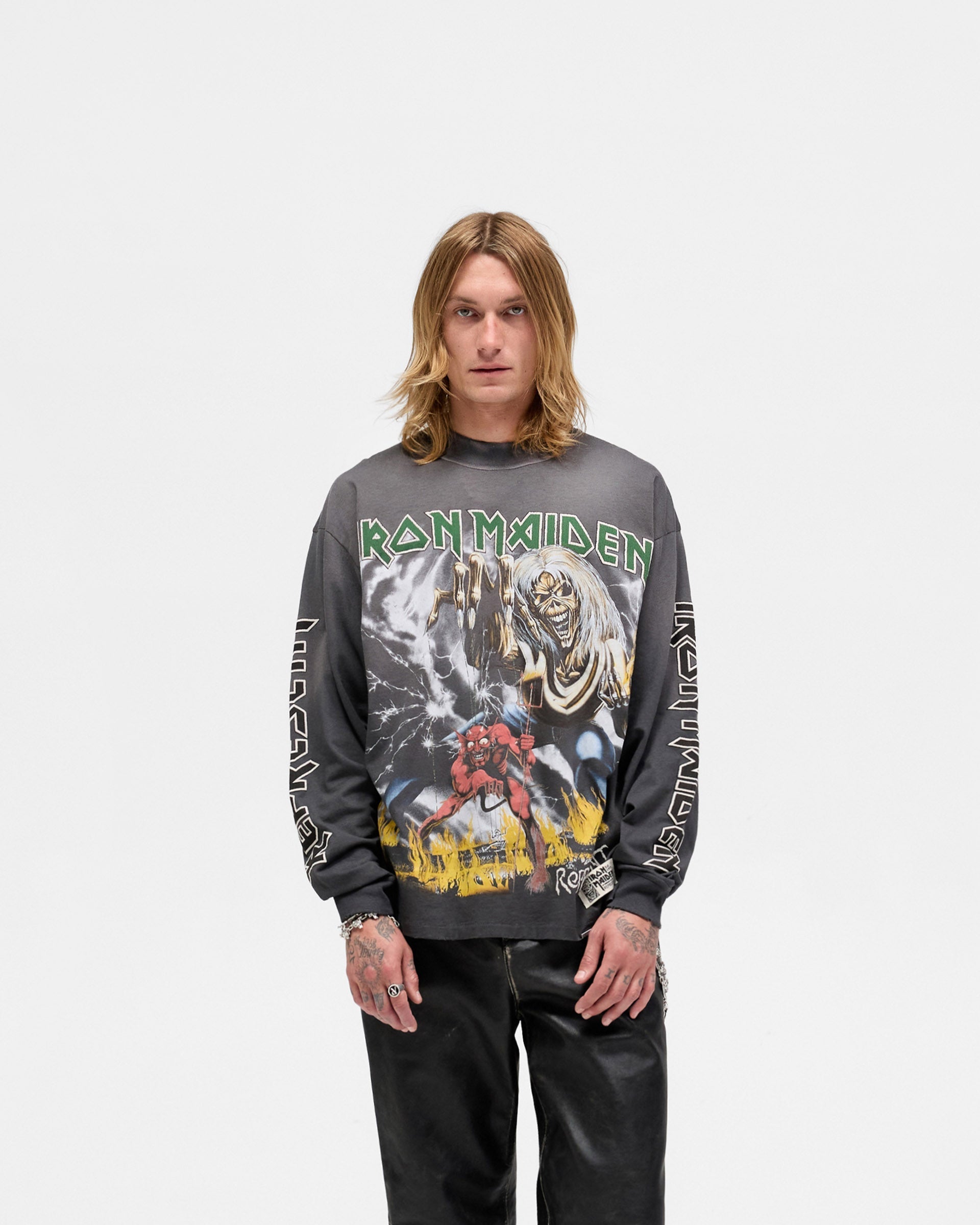 Represent X Iron Maiden Number Of The Beast Long Sleeve T-Shirt - Sunfade Grey