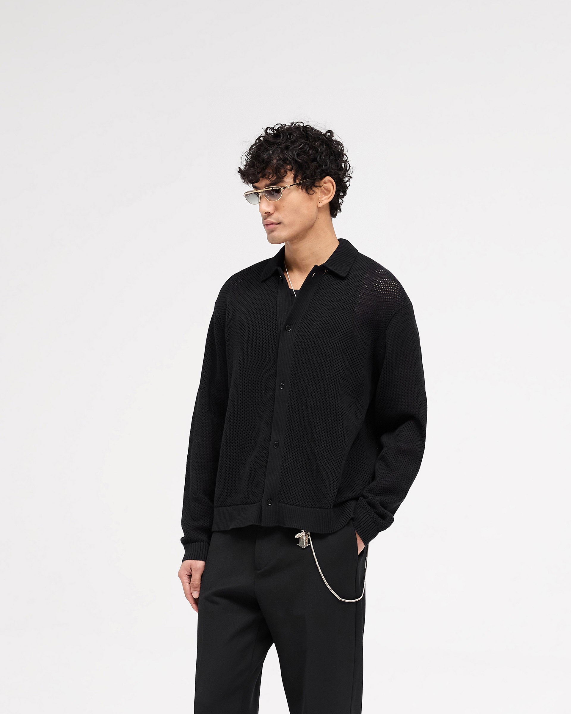 Long Sleeve Mesh Knit Shirt - Jet Black